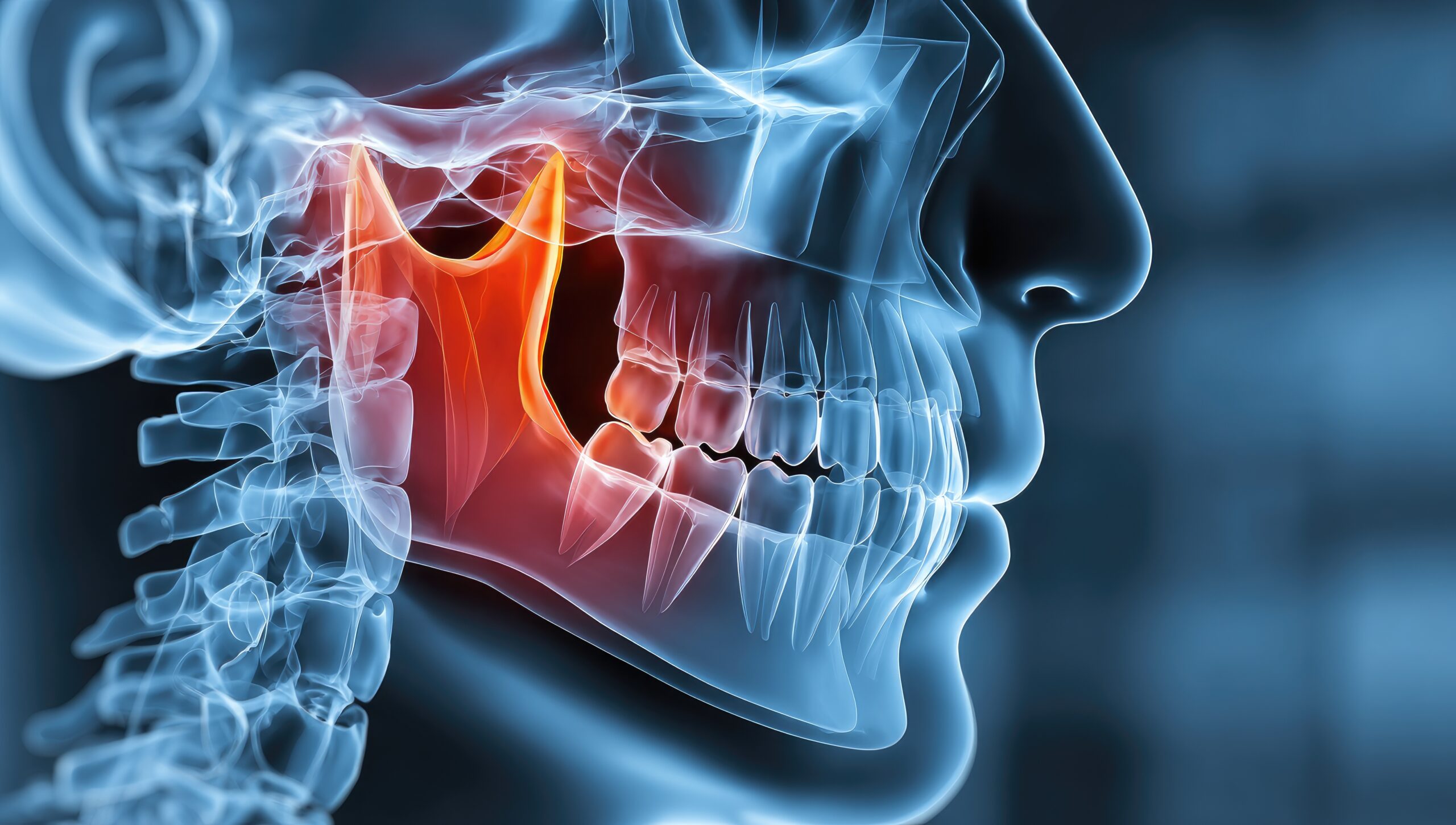 A digital rendering of an X-ray showing the jaw with red and orange areas indicating pain in one tooth, symbolizing the importance of twice-yearly cleanings for gentle teeth, set against a virtual background, in a 3D illustration style with a detailed anatomical focus, in the style of medical core artistry, high resolution. --chaos 30 --ar 53:30 --v 7 Job ID: c933e475-db62-4a0b-81c2-7acf8361527b