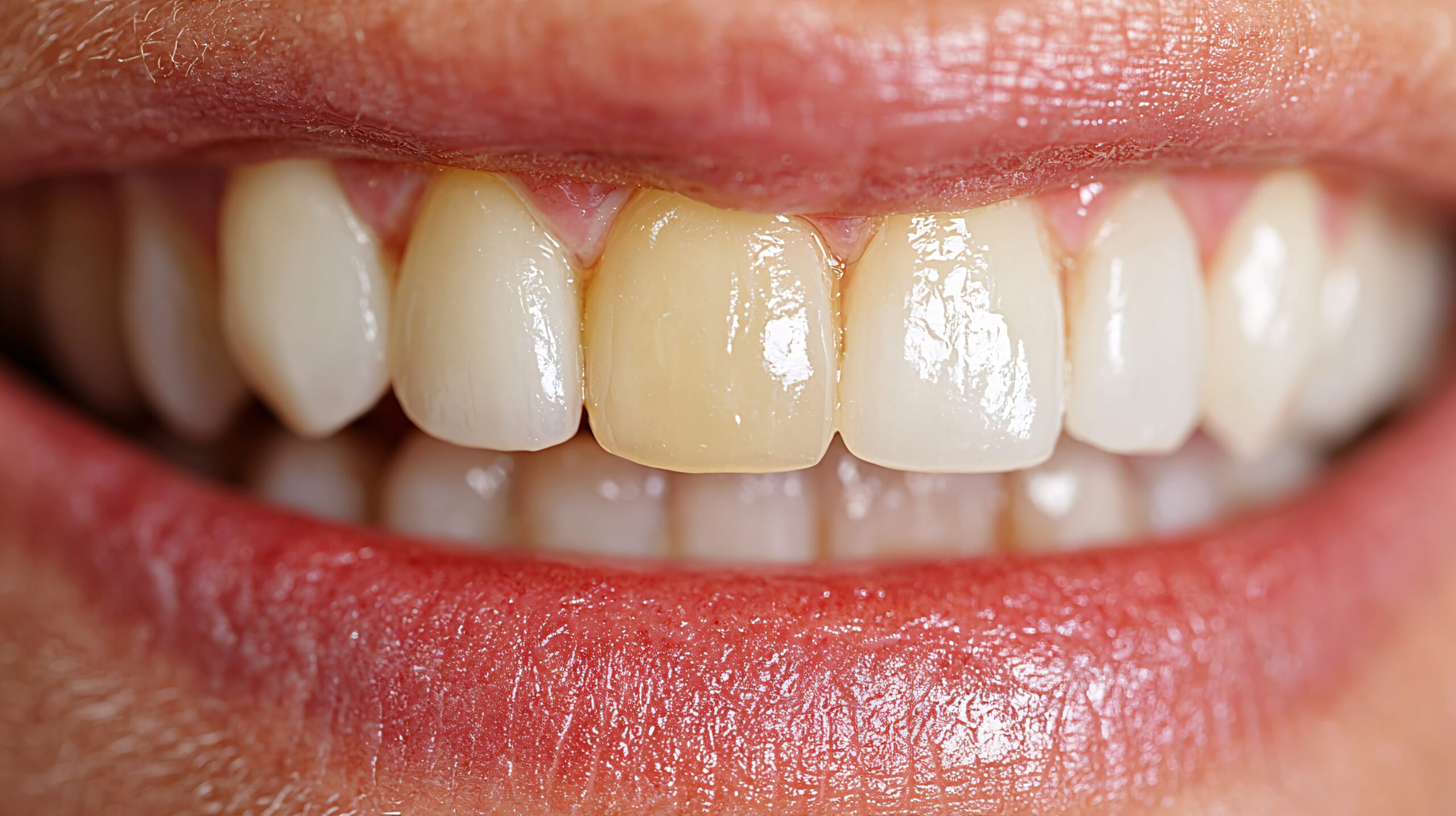 Close-Up of Unhealthy Yellow Teeth Demonstrating Urgent Dental Care Needs